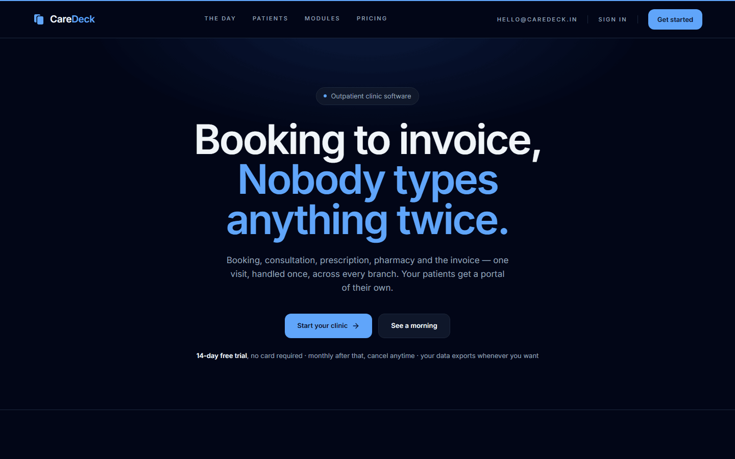 CareDeck landing page: "Booking to invoice, nobody types anything twice."