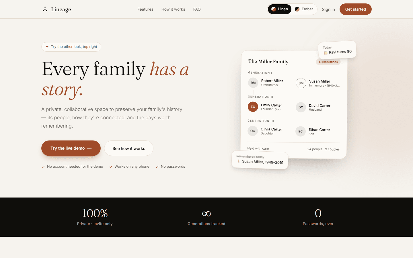 Lineage landing page with a sample three-generation family tree card