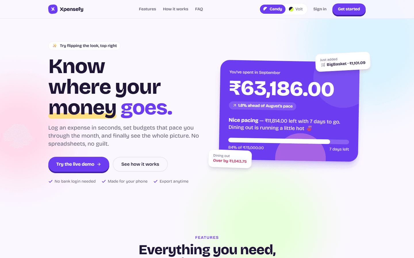 Xpensefy landing page with a monthly spending card showing budget pacing
